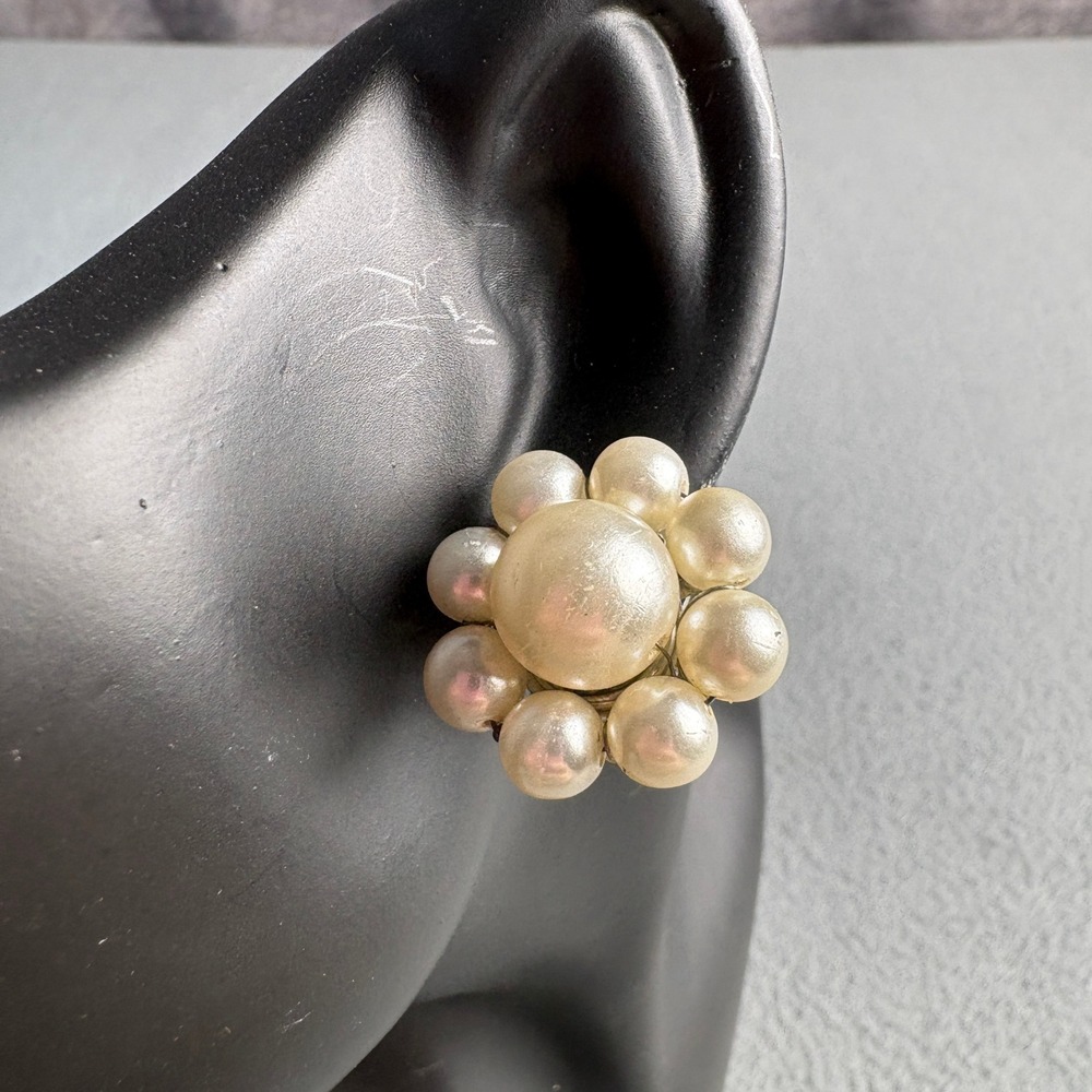 Vintage Japan Faux Pearl Cluster Clip On Earrings Silver Tone Mid Century Studs